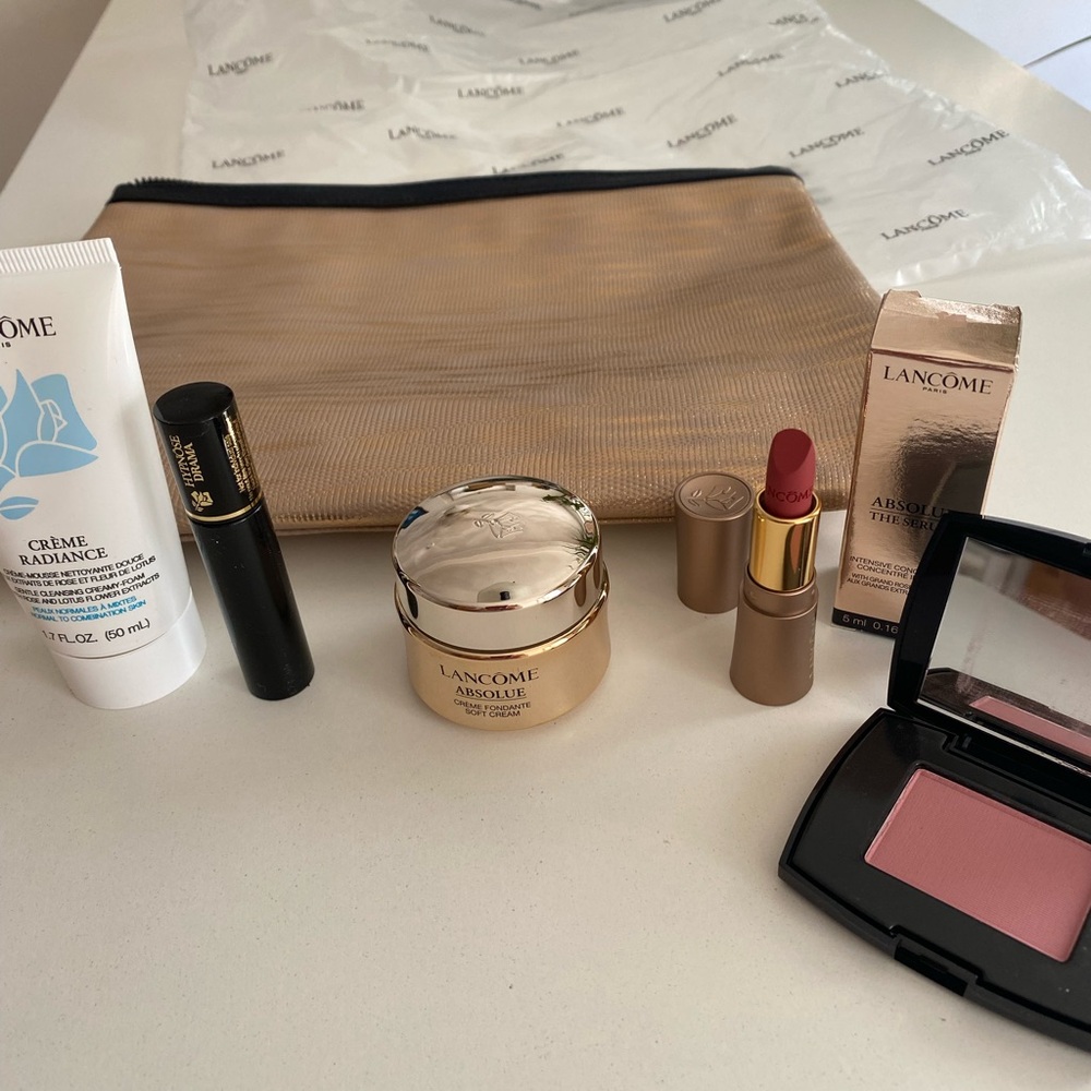 Lancome 7 PIECES ABSOLUE CREAM, SERUM, BLUSH, LIPSTICK, MASCARA, CLEANSER, BAG - Picture 3 of 8